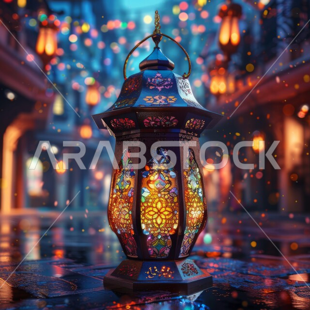الديكورات والأنوار في الأجواء الرمضانية الروحانية، الإحتفال بقدوم شهر رمضان المبارك، صورة مقربة لفانوس معدني مضيء على الأرض، الفن الإسلامي للتحف والاكسسوارات والزينة، المناسبات الدينية والأعياد الإسلامية