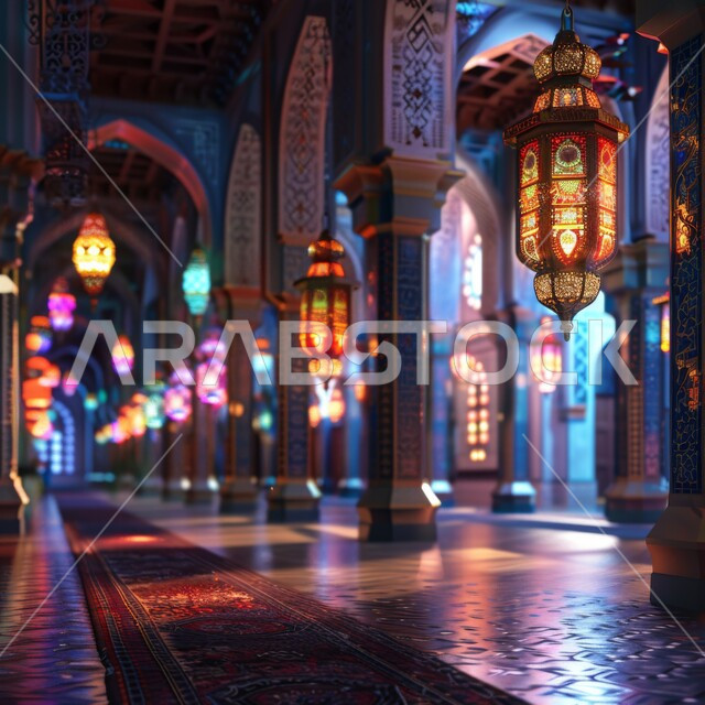 Luminous decorative lanterns hanging on the ceiling, a mosque corridor in ancient Arabic style and columns decorated in a mosaic style, Islamic geometric art in luxurious classical decor, celebrating the advent of the holy month of Ramadan.
