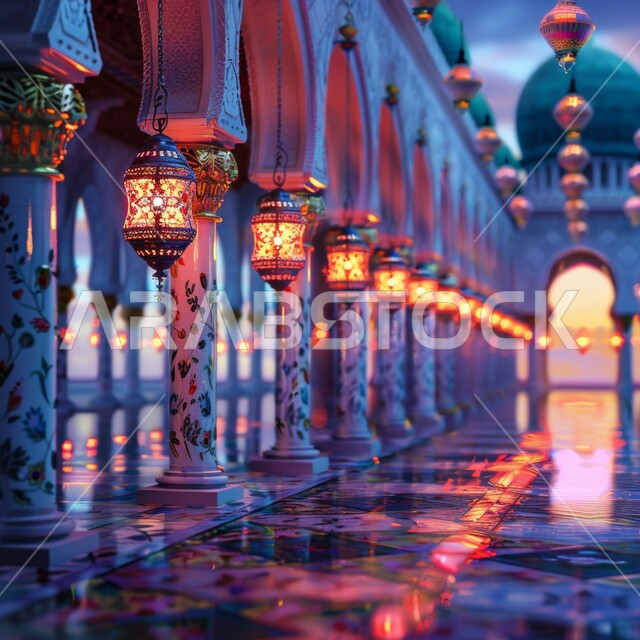 الفن الهندسي الاسلامي في الديكورات الكلاسيكية الفاخرة، ممر مسجد بطراز عربي عريق وأعمدة مزخرفة بنمط الموزاييك، الفوانيس المزخرفة المضيئة المعلقة بالسقف، الإحتفال بقدوم شهر رمضان المبارك