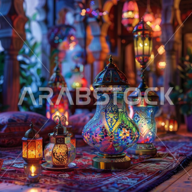 Lights and decorations in the spiritual Ramadan atmosphere, celebrating the advent of the holy month of Ramadan, the Islamic art of illuminated antiques, accessories and decorations, a close-up of decorative lanterns lit on the ground, religious occasions and Islamic holidays.