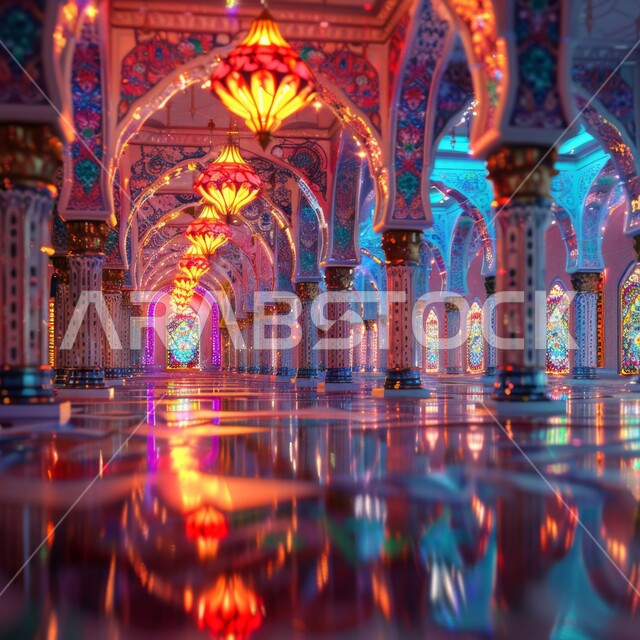 ممر بداخل مسجد بطراز عربي عريق وديكورات كلاسيكية فاخرة، صورة من الأسفل لفوانيس رمضان الملونة والمعلقة بالسقف، أعمدة مزخرفة بنمط الموزاييك، استخدام المصابيح  المعدنية المضيئة للاحتفال بقدوم الشهر الفضيل، خلفيه إسلامية رمضانية