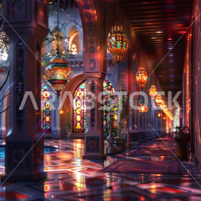 Mosaic-style columns and luxurious classical decor, a corridor inside an ancient Arabic-style mosque, colorful Ramadan lanterns hanging from the ceiling, the use of luminous metal lamps to celebrate the coming of the holy month, an Islamic Ramadan background