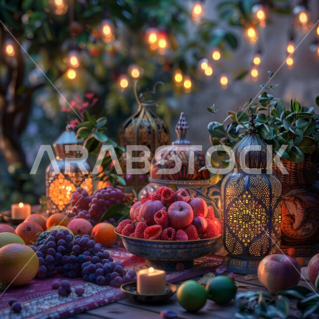 مجموعة من فوانيس رمضان على طاولة خشبية، صورة مقربة لأصناف من الفواكه الطازجة على سفرة رمضانية راقية، جودة المنتجات الوطنية السعودية، خلفيه إسلامية رمضانية، الاحتفال بقدوم الشهر الفضيل بالمصابيح المعدنية