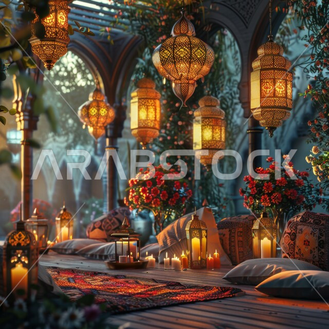 مصابيح مزخرفة مضيئة المعلقة، التزيين بالديكورات والاكسسوارات الرمضانية لاستقبال شهر الخير، أجواء روحانية في الأعياد والمناسبات الاسلامية، الاضاءة والزينة في رمضان المبارك 