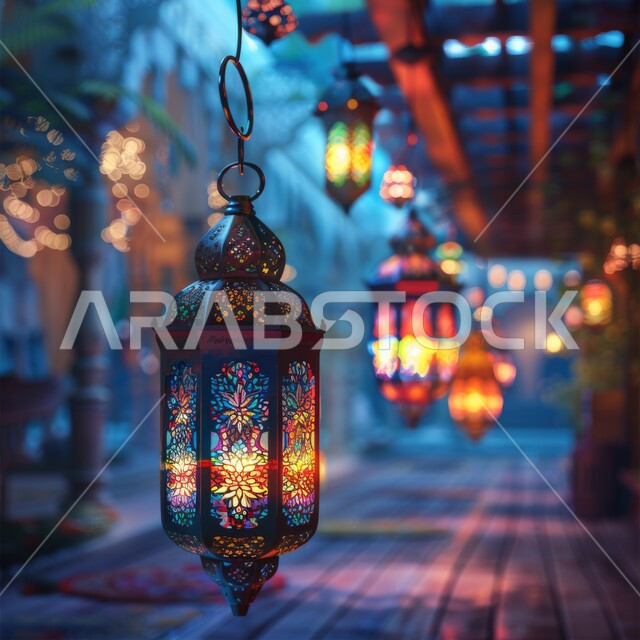 التزيين بالديكورات والاكسسوارات الرمضانية لاستقبال شهر الخير، صورة مقربة لمصابيح مزخرفة مضيئة المعلقة، أجواء روحانية في الأعياد والمناسبات الاسلامية، الاضاءة والزينة في رمضان المبارك 