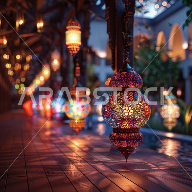 Lighting and decorations in the holy month of Ramadan, decorating with Ramadan decorations and accessories to welcome the month of goodness, a close-up of hanging illuminated decorative lamps, a spiritual atmosphere in Islamic holidays and occasions.