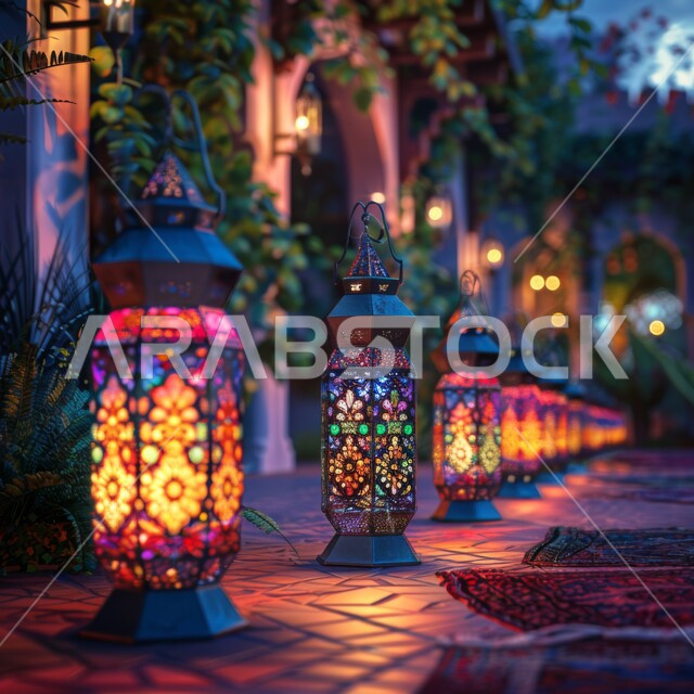 الديكورات الكلاسيكية الفاخرة ،ممرات بطراز عربي عريق، استخدام المصابيح  المعدنية المضيئة للاحتفال بقدوم شهر رمضان المبارك، خلفيه إسلامية رمضانية
