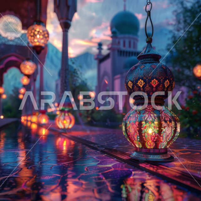 مساجد سعودية بطراز عربي عريق، الديكورات الكلاسيكية الفاخرة ،استخدام المصابيح  المعدنية المضيئة للاحتفال بقدوم شهر رمضان المبارك، خلفيه إسلامية رمضانية