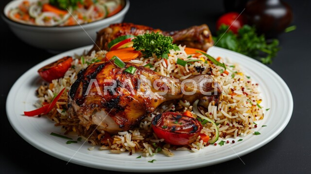  طبق من أرز البرياني اللذيذ مع قطع الدجاج المحمرة، مأكولات وأطباق تقليدية، وصفات طعام لذيذة صحية، أكلات شعبية عربية خليجية سعودية، فنون تقديم الطعام في المطاعم الشرقية