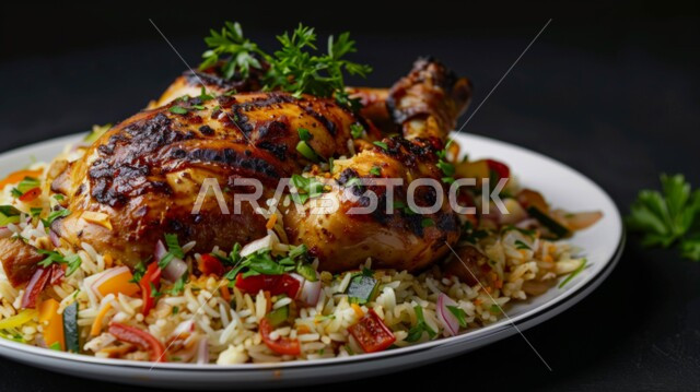 أكلات شعبية عربية خليجية سعودية، فنون تقديم الطعام في المطاعم الشرقية، طبق من أرز البرياني اللذيذ مع قطع الدجاج المحمرة، مأكولات وأطباق تقليدية، وصفات طعام لذيذة صحية