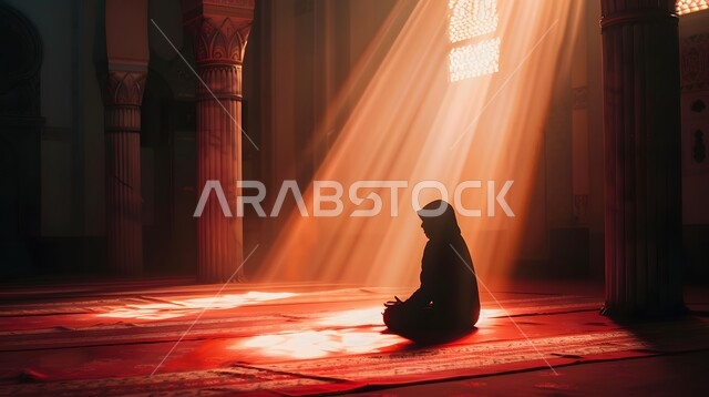 الإكثار من الطاعة والتقرب الى الله، التصاميم والديكورات الداخلية للنوافذ على الطراز الاسلامي العربي، اسلاميات وعبادة، الجلسات الإسلامية الروحانية الهادئة في شهر رمضان المبارك، صورة ظلية لرجل عربي خليجي سعودي يجلس داخل المسجد