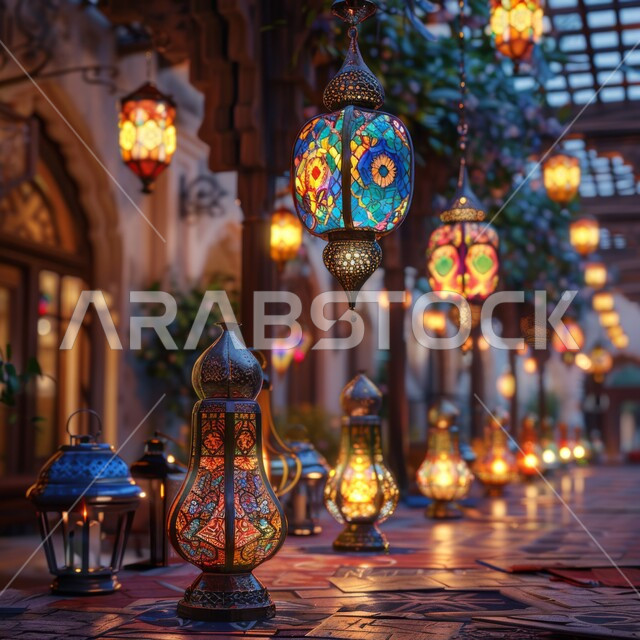 Luminous and decorative lanterns hanging from the ceiling in the corridor of a Saudi mosque, Islamic geometric art and luxurious classical decorations, celebrating the advent of the holy month of Ramadan.