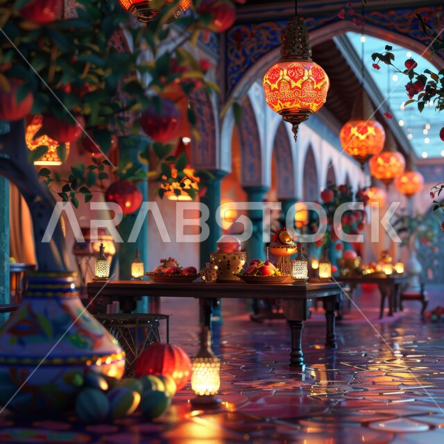 أجواء دينية رمضانية، تجهيز الطاولات بأطباق الطعام والفوانيس والديكورات الرمضانية، الأعمدة المزخرفة بنمط الموزاييك وتزيين الأسقف والجدران بالمصابيح المضيئة في شهر رمضان المبارك
