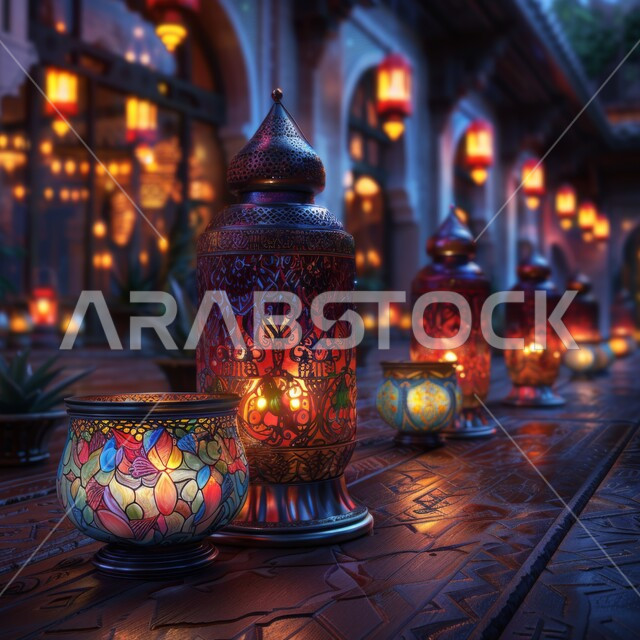 الاحتفال بقدوم شهر رمضان المبارك والتزيين بالمصابيح المضيئة، صورة من الأسفل لمجموعة من الفوانيس المزخرفة موضوعة في ممر مسجد سعودي، خلفيات رمضانية إسلامية