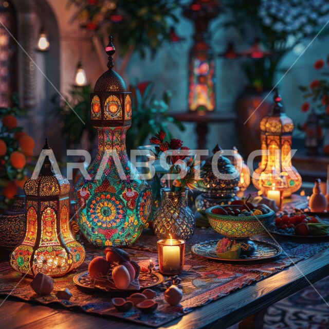 استخدام المصابيح المعدنية المزخرفة بنمط الموزاييك في الاحتفال بقدوم شهر رمضان المبارك، أصناف من الفواكه الطازجة ومجموعة من الفوانيس الرمضانية على سفرة فاخرة، جودة المنتجات الوطنية السعودية