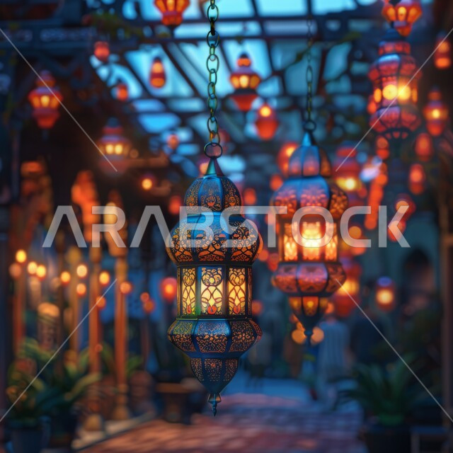 الزينة والأنوار في الأعياد والمناسبات الدينية، الفن الهندسي الإسلامي في التحف والديكورات، فوانيس رمضانية راقية مزخرفة معلقة في الممرات، البهجة بقدوم شهر الخير والبركة