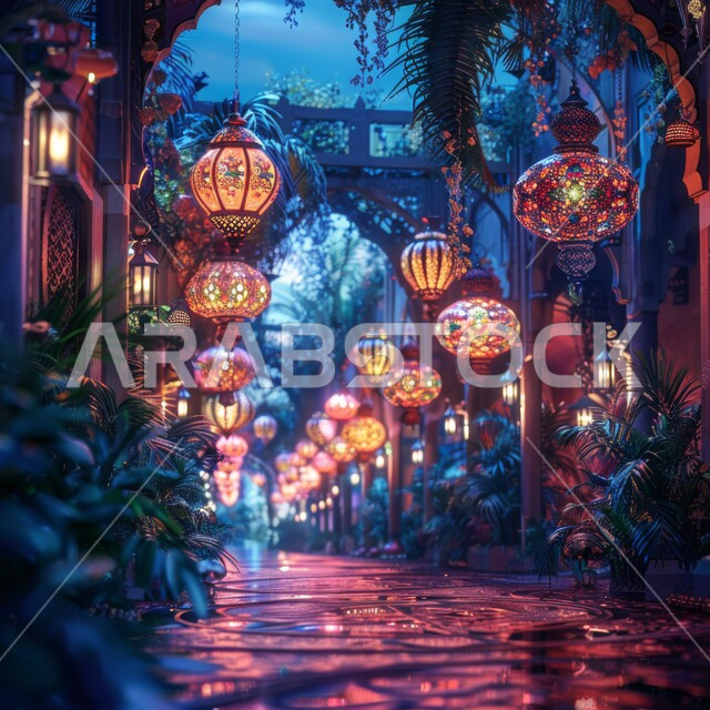البهجة بقدوم شهر رمضان المبارك، الزينة والأنوار في الأعياد والمناسبات الدينية، الفن الهندسي الإسلامي في التحف والديكورات، فوانيس راقية مزخرفة معلقة في الممرات، خلفيه رمضانية إسلامية