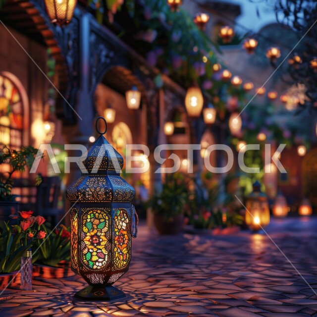الاحتفال بقدوم شهر رمضان المبارك، الزينة والأنوار في الأعياد والمناسبات الدينية، صورة مقربة لفانوس رمضاني مزخرف في ممر مسجد سعودي، خلفيه رمضانية إسلامية