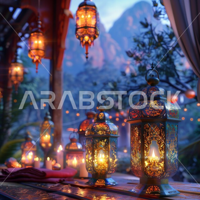التصاميم التقليدية للفوانيس المعدنية المعلقة والملونة, زينة الأعياد والمناسبات الاسلامية, الاحتفال بشهر رمضان المبارك, الأجواء الدينية الروحانية الرمضانية, الاستعداد لقدوم شهر الخير