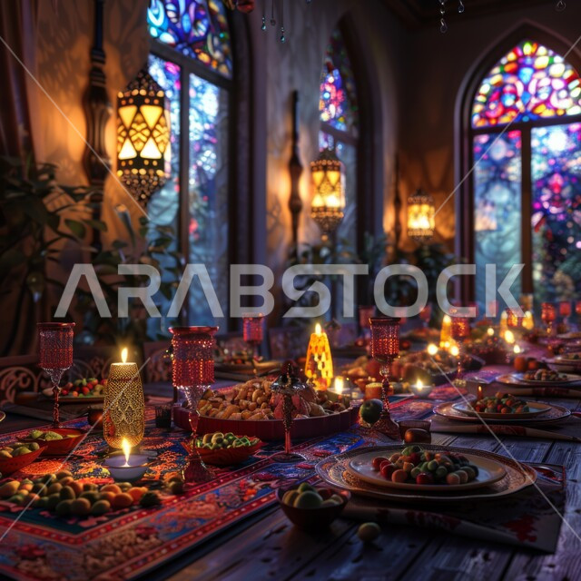 النوافذ المزخرفة بنمط الموزاييك في الفن الهندسي الإسلامي، سفرة رمضانية مليئة بأصناف الحلويات والفواكه، استخدام الفوانيس في زينة شهر رمضان المبارك
