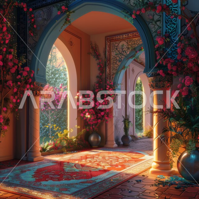 الديكورات الداخلية الراقية للقصور السعودية، الفن الهندسي الإسلامي، الأعمدة والجدران المزخرفة بطراز الموزاييك، السجاد التقليدي والمزهريات الفاخرة، الأجواء الروحانية في المناسبات الدينية