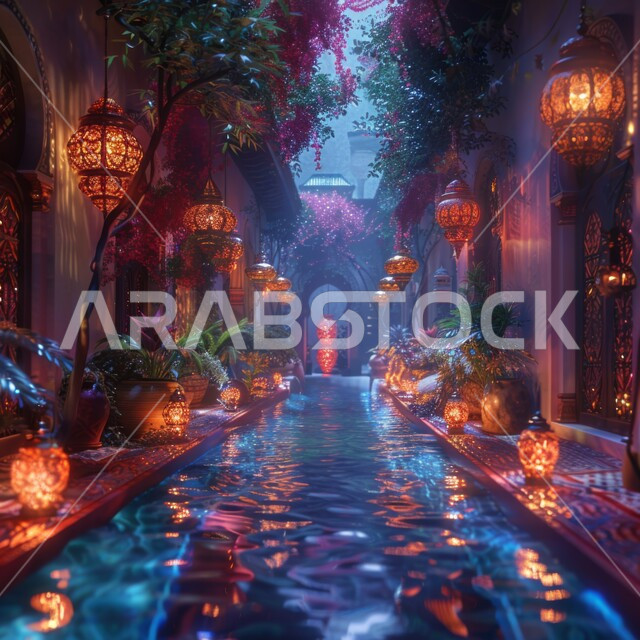 الديكورات الداخلية الراقية للقصور والمساجد في المملكة السعودية، الفن الهندسي الإسلامي، صورة لساقية ماء تجري في ممرات أحد القصور السعودية، إضاءة وزينة شهر رمضان المبارك، الأجواء الروحانية في المناسبات الدينية