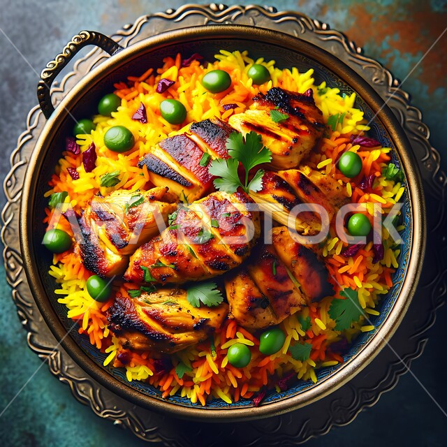 صحن من رز المندي مع الدجاج المشوي، وصفات طعام المطبخ السعودي، مطاعم للمأكولات العربية الشرقية، أطباق ووجبات تقليدية شعبية، صورة من الأعلى لطبق من الأرز البرياني مع التوابل المزين بالبقدونس والخضار