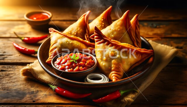 سفرة إفطار شهر رمضان المبارك، فطائر مقلية محشية باللحم، وصفات ومأكولات عربية شرقية سعودية لذيذة، طبق من السمبوسك المقرمشة مع صلصة الطماطم الحارة، مقبلات رمضانية شهية