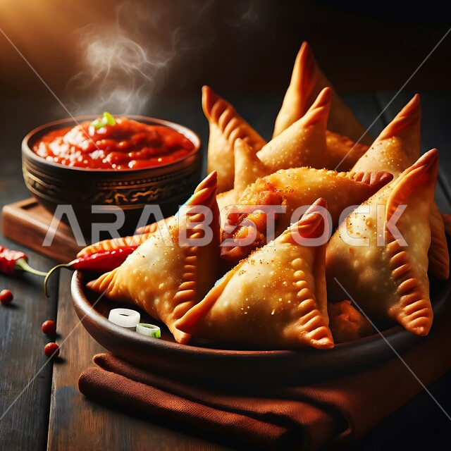 Fried pies stuffed with meat, a breakfast meal for the holy month of Ramadan, delicious Saudi Arabian recipes and oriental food, a plate of crispy sambousek with spicy tomato sauce, delicious Ramadan appetizers