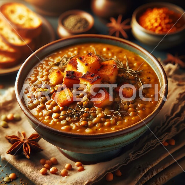 وجبة طعام ذات قيمة غذائية، طبق من المقبلات الساخنة اللذيذة، شوربة العدس الصحية والشهية المزينة بقطع الخبز المقرمش، مطاعم عربية خليجية سعودية، أطعمة ومأكولات شعبية تقليدية