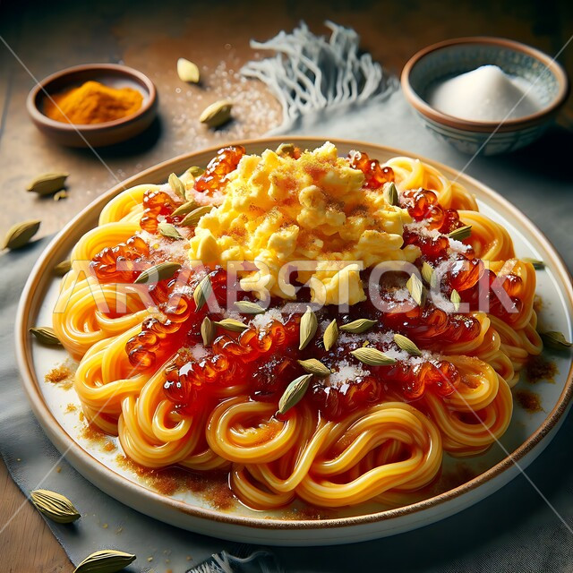 نودلز حلو مع البيض المخفوق، طبق من البلاليط السعودي التقليدي اللذيذ المزين بحبوب الهيل، مزيج من النكهات الحلوة والمالحة، أطعمة ومأكولات شعبية تقليدية