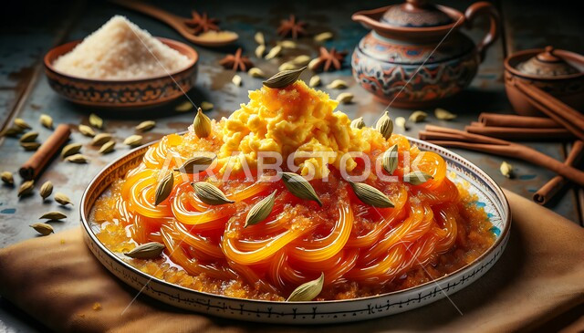 طبق من البلاليط السعودي التقليدي اللذيذ المزين بحبوب الهيل، نودلز حلو مع البيض المخفوق، مزيج من النكهات الحلوة والمالحة، أطعمة ومأكولات شعبية تقليدية