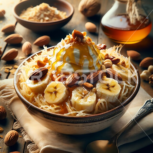 حلا شرقي لذيذ، حلوى مزينة بالكريمة والمكسرات، طبق المعصوب بالموز والعسل، حلويات تقليدية شعبية شهية، مطاعم للمأكولات والتحلية العربية الشرقية في المملكة العربية السعودية