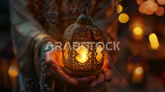ديكورات وأنوار في الأجواء الرمضانية الروحانية، صورة مقربة ليدين امرأة عربية خليجية سعودية تمسك بيدها فانوس معدني مزخرف، الفوانيس المضيئة والتحف الإسلامية للإحتفال بقدوم شهر رمضان المبارك