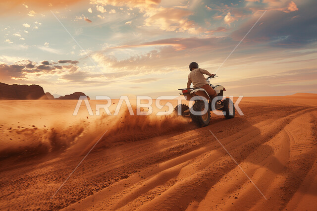 A view of the sky full of clouds over the golden sand, safari adventures on the sand dunes, fun youth activities in the desert environment, a Saudi Gulf Arab woman wearing a casual outfit and a protective helmet riding a four-wheel drive bike in the middle of the desert.