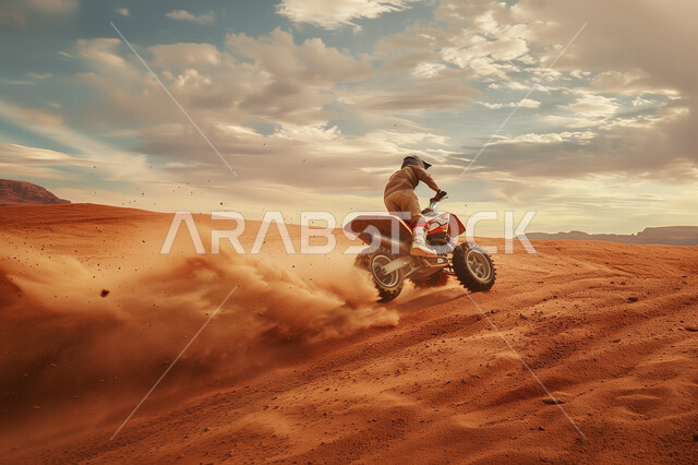 Fun youth activities in the desert environment, safari adventures on the sand dunes, a Saudi Gulf Arab woman wearing a casual outfit and a protective helmet riding a four-wheel drive bike in the middle of the desert, a view of the sky full of clouds over the golden sand.