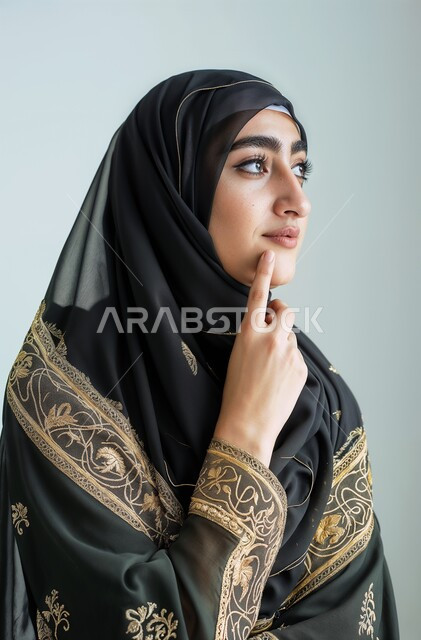 The concept of femininity, softness, and concern for external appearance, a close-up portrait from the side of a veiled Saudi Gulf Arab woman wearing a traditional black embroidered dress, looking somewhere with contemplative gestures, modern women’s veils, white background.