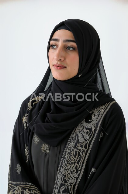 Looking at something with gestures of self-confidence, a close-up portrait of a veiled Saudi Arabian Gulf woman wearing a traditional black embroidered dress, the concept of femininity, softness, and concern for external appearance, modern women’s hijab, white background