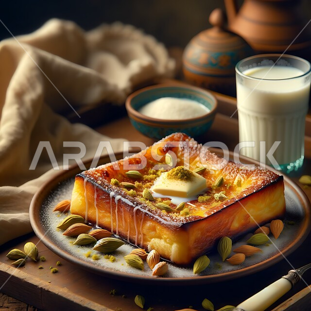 A slice of toasted bread, fresh delicious baked goods and pastries, a plate of French toast with milk and butter, a cup of hot milk, a meal with nutritional value.