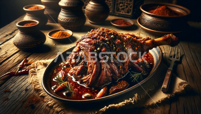 صحن من لحم الضأن الشهي، طبق من اللحوم المطبوخة الشهية على طاولة خشبية، مطاعم و مطابخ للمأكولات الشرقية في المملكة العربية السعودية، أطعمة عربية تقليدية لذيذة