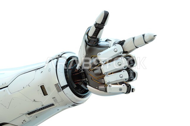 رؤية مستقبلية لتطور السعودية، العلوم والابتكار وتكنولوجيا الذكاء الاصطناعي، صورة مقربة ليد روبوت آلي حديث ومتطور بتقنيات عالية تشير الى شيء ما، تحقيق الثورة الصناعية ، خلفية بيضاء