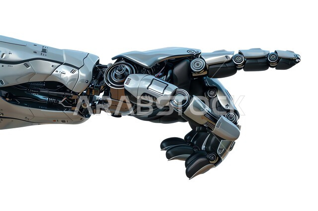 الابتكار والعلوم وتكنولوجيا الذكاء الاصطناعي، رؤية مستقبلية لتطور السعودية، صورة مقربة ليد روبوت آلي حديث ومتطور بتقنيات عالية تشير الى شيء ما، تحقيق الثورة الصناعية ، خلفية بيضاء