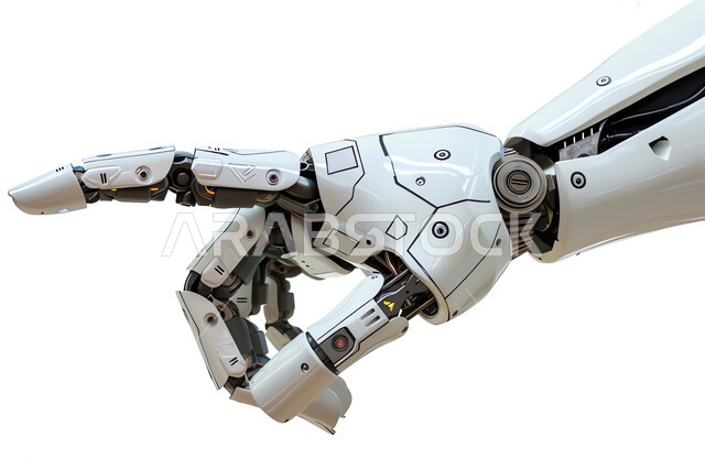 العلوم والابتكار وتكنولوجيا الذكاء الاصطناعي، رؤية مستقبلية لتطور السعودية، صورة مقربة ليد روبوت آلي حديث ومتطور بتقنيات عالية تشير الى شيء ما، تحقيق الثورة الصناعية ، خلفية بيضاء