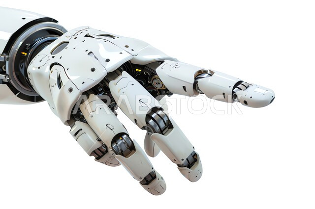 تحقيق الثورة الصناعية ، رؤية مستقبلية لتطور السعودية، العلوم والابتكار وتكنولوجيا الذكاء الاصطناعي، صورة مقربة ليد روبوت آلي حديث ومتطور بتقنيات عالية تشير الى شيء ما، خلفية بيضاء