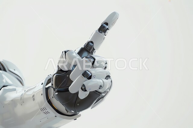 تكنولوجيا الذكاء الاصطناعي والعلوم والابتكار، رؤية مستقبلية لتطور السعودية، تحقيق الثورة الصناعية ، صورة مقربة ليد روبوت آلي حديث ومتطور بتقنيات عالية تقوم برفع اصبع السبابة للأعلى، خلفية بيضاء