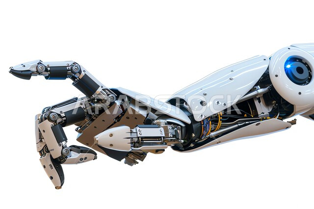 رؤية مستقبلية لتطور السعودية، تحقيق الثورة الصناعية ، العلوم والابتكار وتكنولوجيا الذكاء الاصطناعي، صورة مقربة ليد روبوت آلي حديث ومتطور بتقنيات عالية تقوم بالنقر على شيء ما، خلفية بيضاء