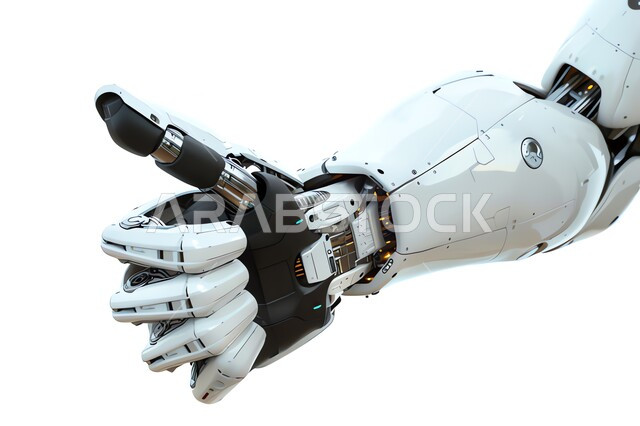 تحقيق الثورة الصناعية ، العلوم والابتكار وتكنولوجيا الذكاء الاصطناعي، رؤية مستقبلية لتطور السعودية، صورة مقربة ليد روبوت آلي حديث ومتطور بتقنيات عالية ترفع اصبع الابهام بايماءات الجودة، خلفية بيضاء