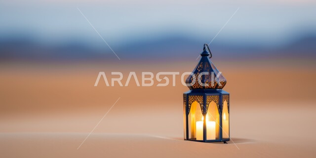 A luminous metal Arab lamp in the middle of the desert, traditional lanterns and artifacts to celebrate the advent of the holy month of Ramadan, a Ramadan and Islamic spiritual atmosphere, sand dunes and desert nature in the traditional Kingdom of Arabia