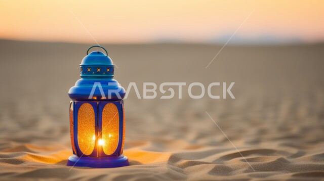 Traditional lanterns and antiques to celebrate the advent of the holy month of Ramadan, a luminous metal Arab lamp in the middle of the desert, a Ramadan and Islamic spiritual atmosphere, sand dunes and desert nature in the traditional Kingdom of Arabia