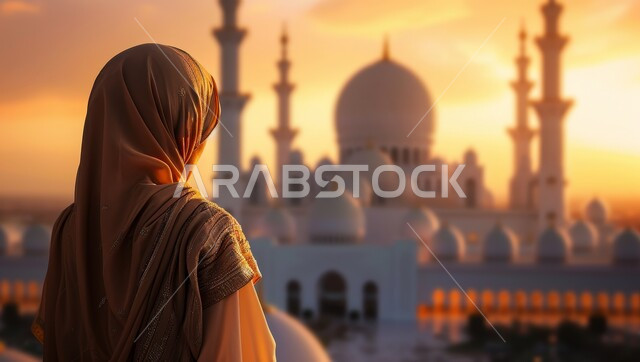 الفن الهندسي المعماري للمساجد، نداء المسلمين لاداء الصلاة، صورة من الخلف لامرأة عربية خليجية سعودية محجبة ترتدي العباءة والحجاب يقوم بتأمل غروب الشمس، العبادة والتقرب لله